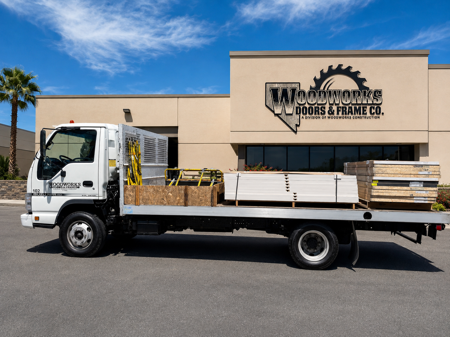 Woodworks Door & Frame company delivery truck loaded with commercial door material outside the Woodworks facility